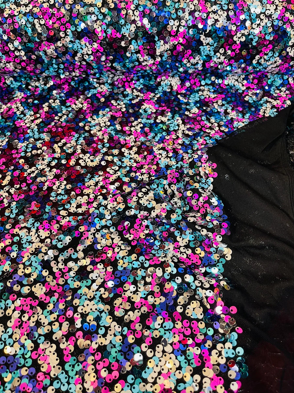 Multi-Color Sequins Mesh - Fuchsia/Turquoise/Silver - Shiny Sequins Design on Spandex Mesh Fabric By Yard