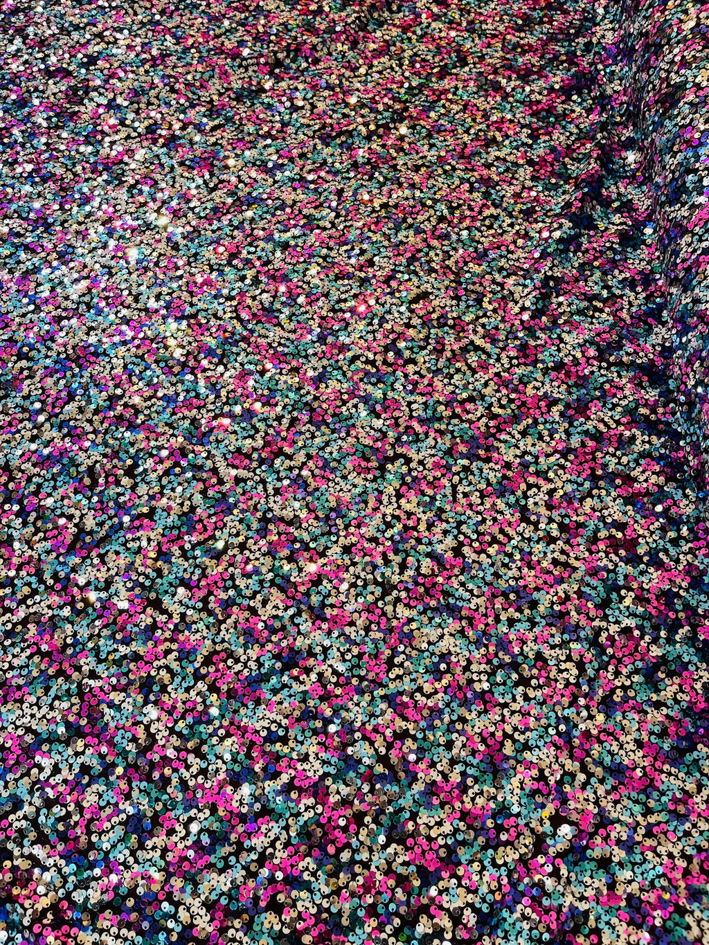 Multi-Color Sequins Mesh - Fuchsia/Turquoise/Silver - Shiny Sequins Design on Spandex Mesh Fabric By Yard