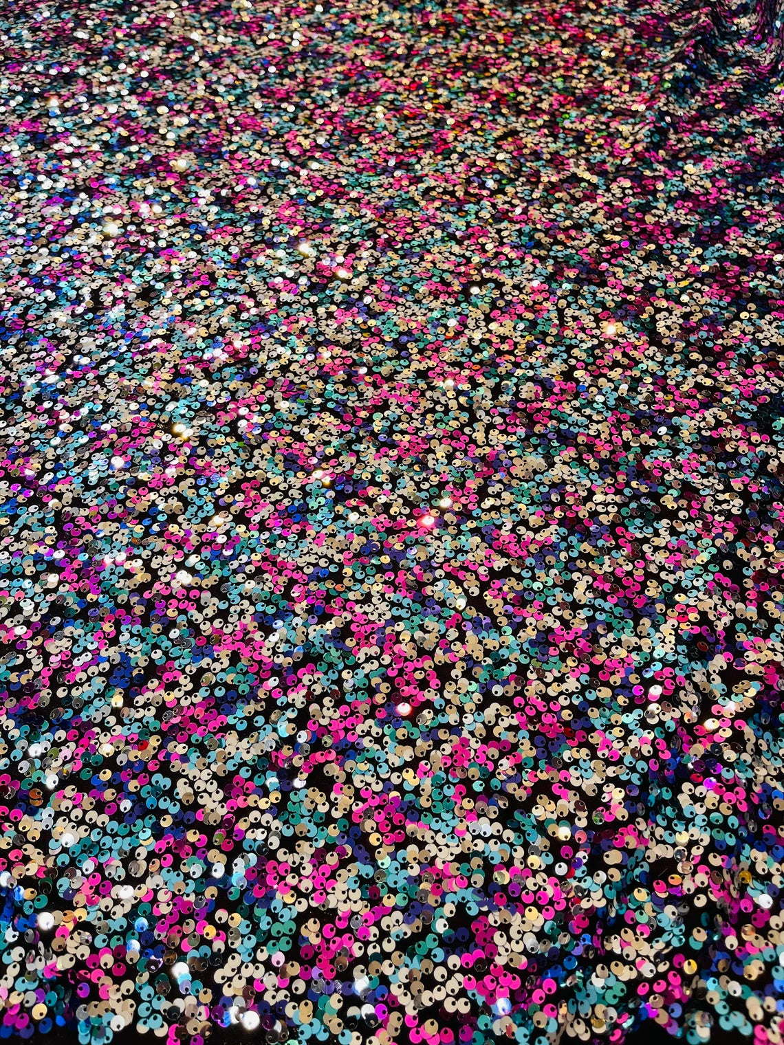 Multi-Color Sequins Mesh - Fuchsia/Turquoise/Silver - Shiny Sequins Design on Spandex Mesh Fabric By Yard