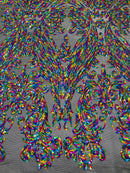 Big Damask Sequins Fabric - MultiColor on Black - 4 Way Stretch Damask Sequins Design Fabric By Yard