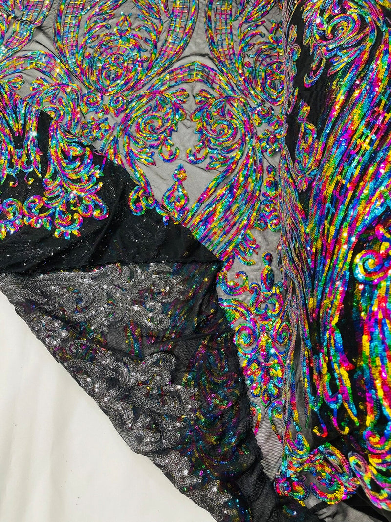 Big Damask Sequins Fabric - MultiColor on Black - 4 Way Stretch Damask Sequins Design Fabric By Yard