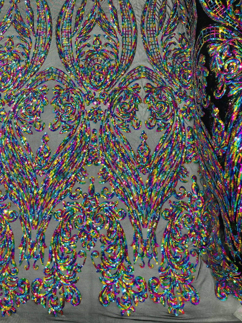 Big Damask Sequins Fabric - MultiColor on Black - 4 Way Stretch Damask Sequins Design Fabric By Yard