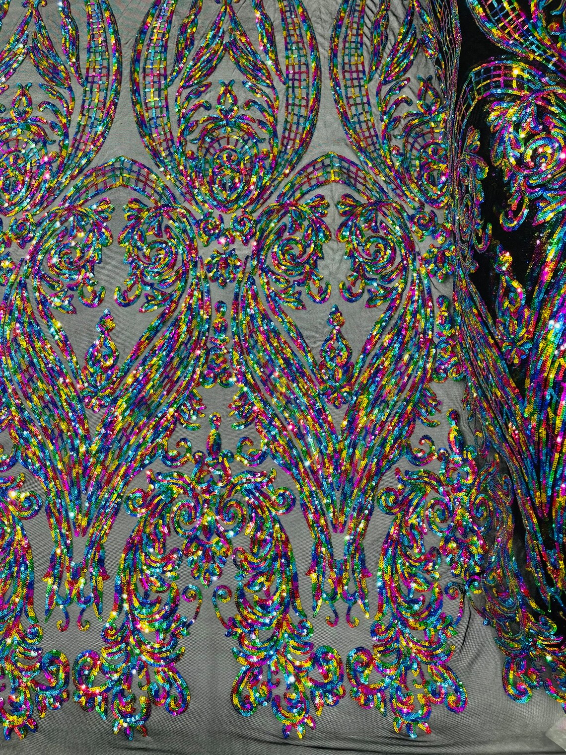 Big Damask Sequins Fabric - MultiColor on Black - 4 Way Stretch Damask Sequins Design Fabric By Yard