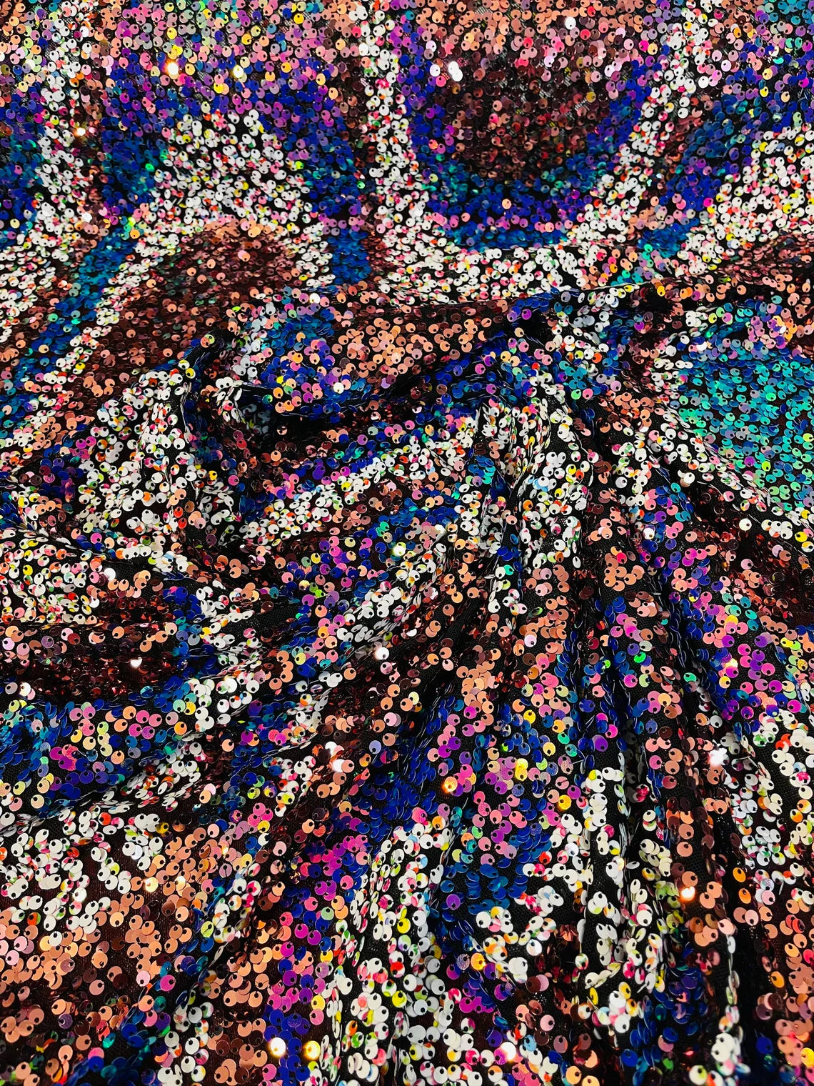 Multi-Color Wavy Sequins - Multi-Color Green/Orange/Pink/White - Sequins Design on Black Mesh Fabric Sold By Yard