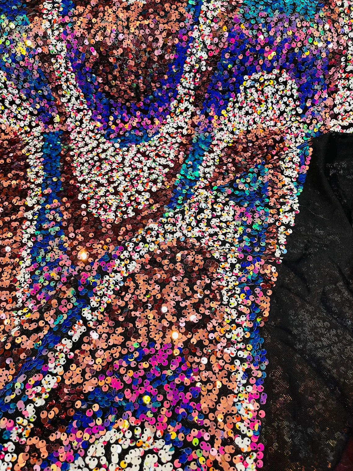 Multi-Color Wavy Sequins - Multi-Color Green/Orange/Pink/White - Sequins Design on Black Mesh Fabric Sold By Yard