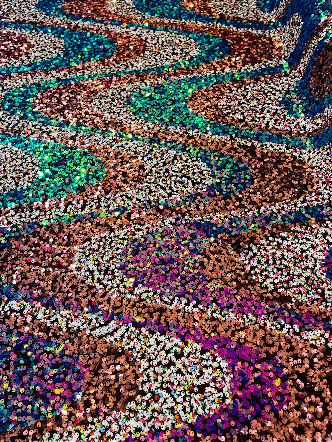 Multi-Color Wavy Sequins - Multi-Color Green/Orange/Pink/White - Sequins Design on Black Mesh Fabric Sold By Yard