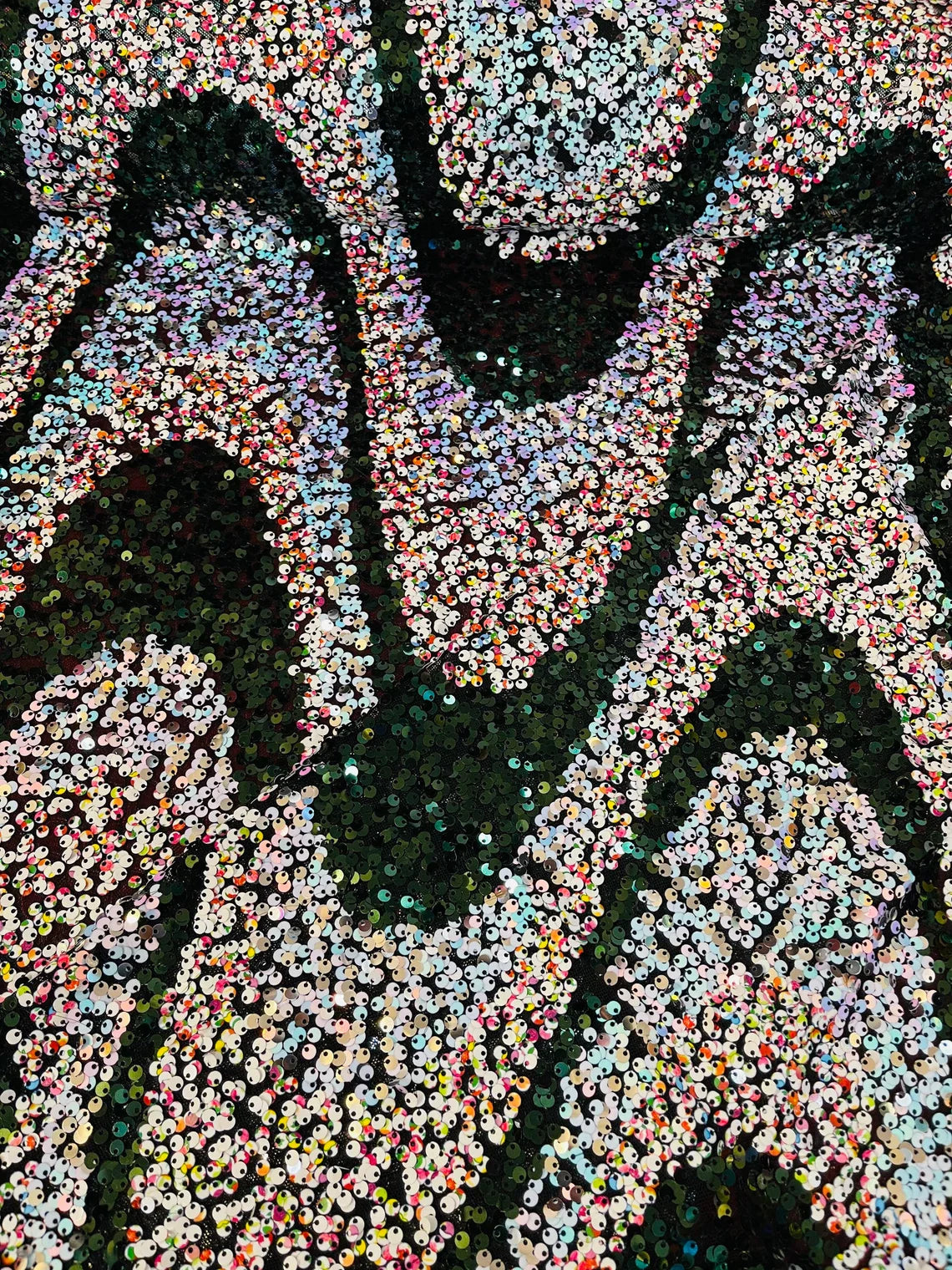 Multi-Color Wavy Sequins - Multi-Color Iridescent / Hunter Green - Sequins Design on Black Mesh Fabric Sold By Yard