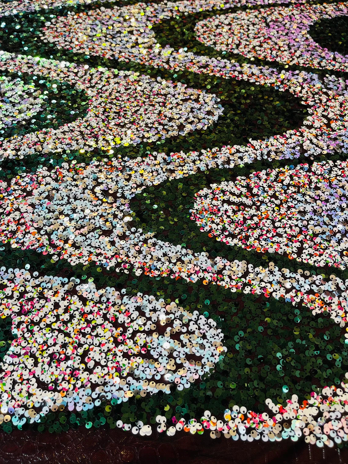 Multi-Color Wavy Sequins - Multi-Color Iridescent / Hunter Green - Sequins Design on Black Mesh Fabric Sold By Yard