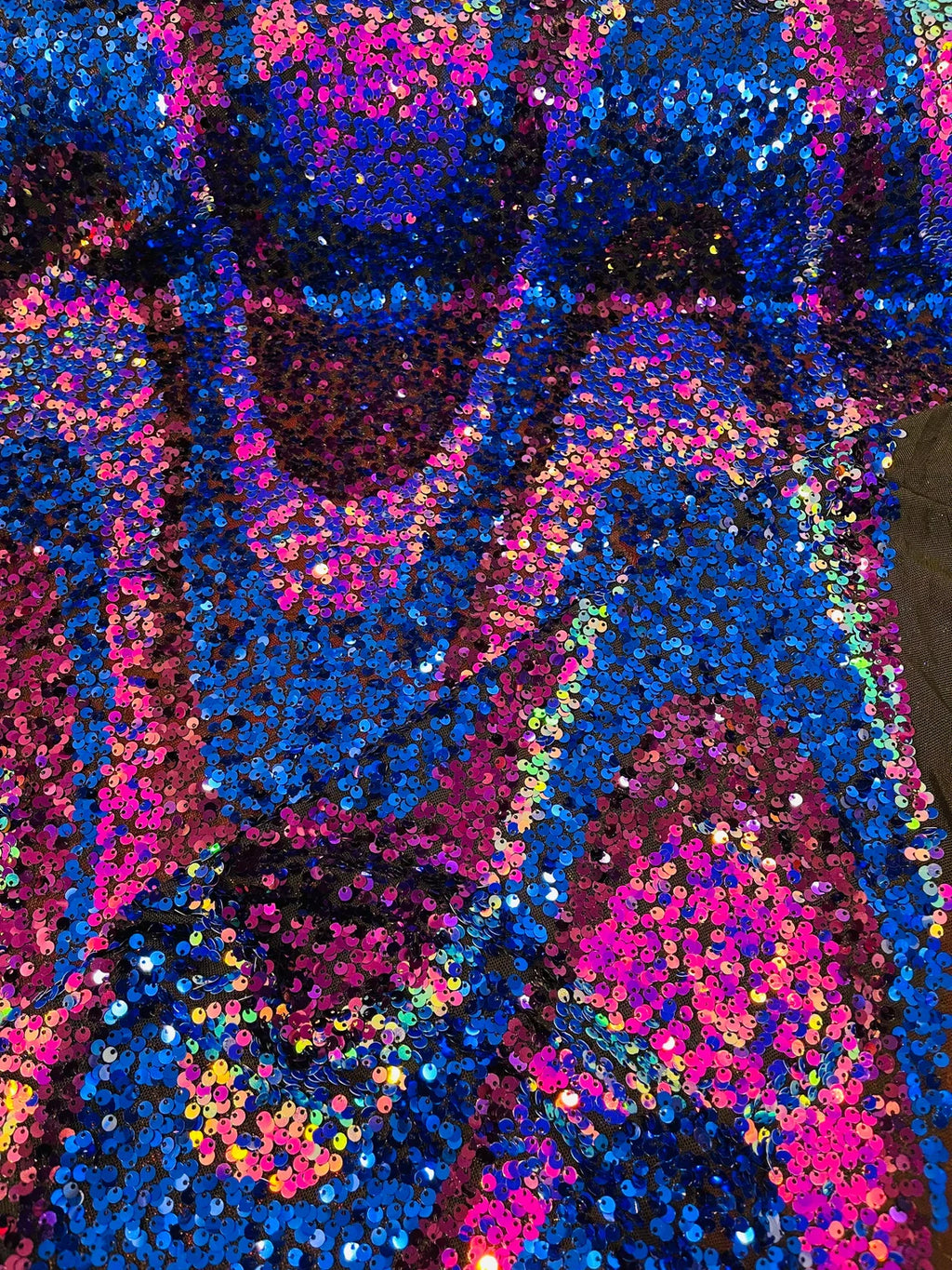 Multi-Color Wavy Sequins - Multi-Color Magenta/Blue/Purple/Aqua - Sequins Design on Black Mesh Fabric Sold By Yard