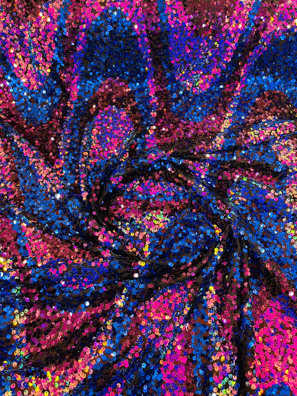 Multi-Color Wavy Sequins - Multi-Color Magenta/Blue/Purple/Aqua - Sequins Design on Black Mesh Fabric Sold By Yard