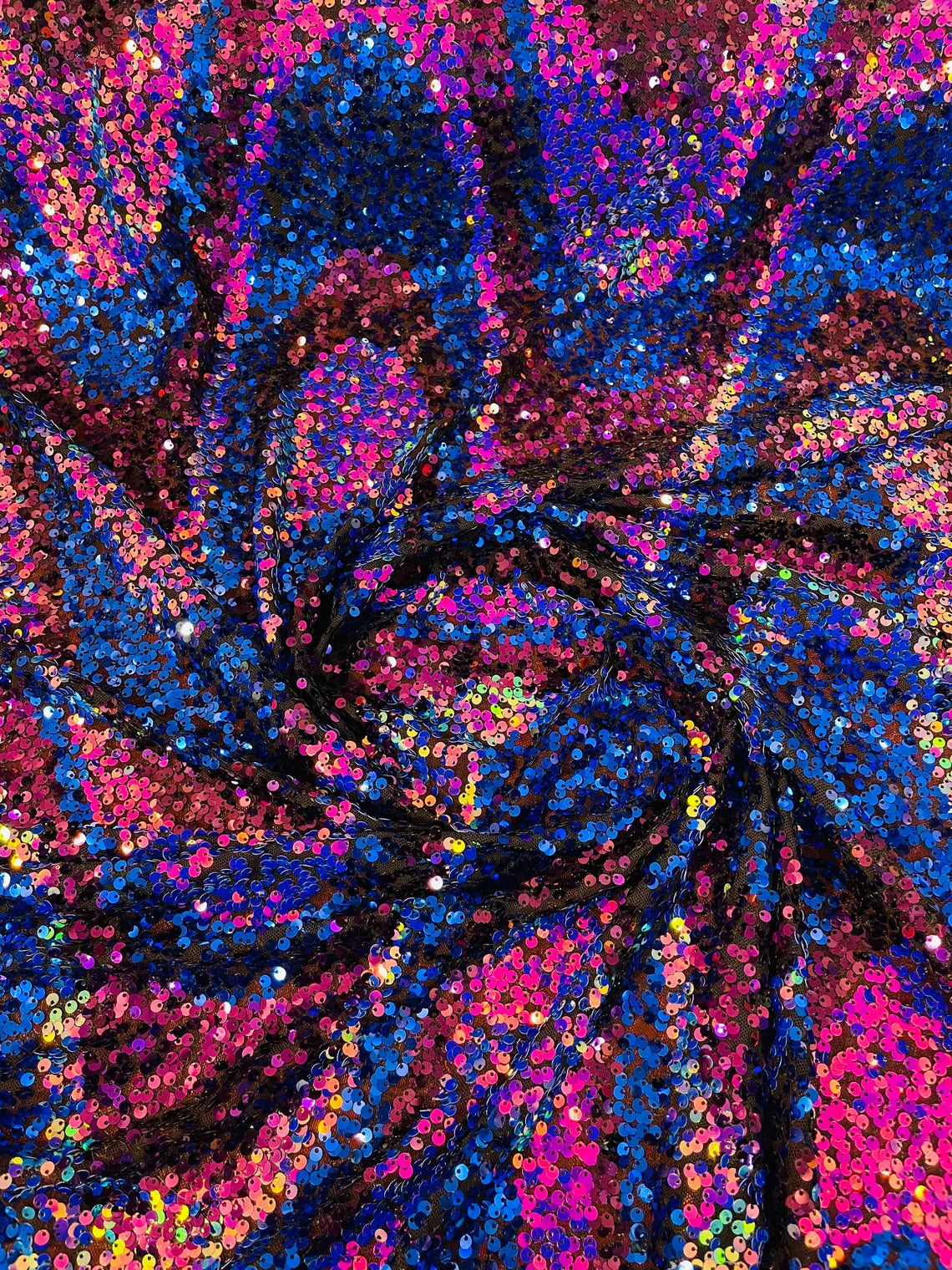 Multi-Color Wavy Sequins - Multi-Color Magenta/Blue/Purple/Aqua - Sequins Design on Black Mesh Fabric Sold By Yard