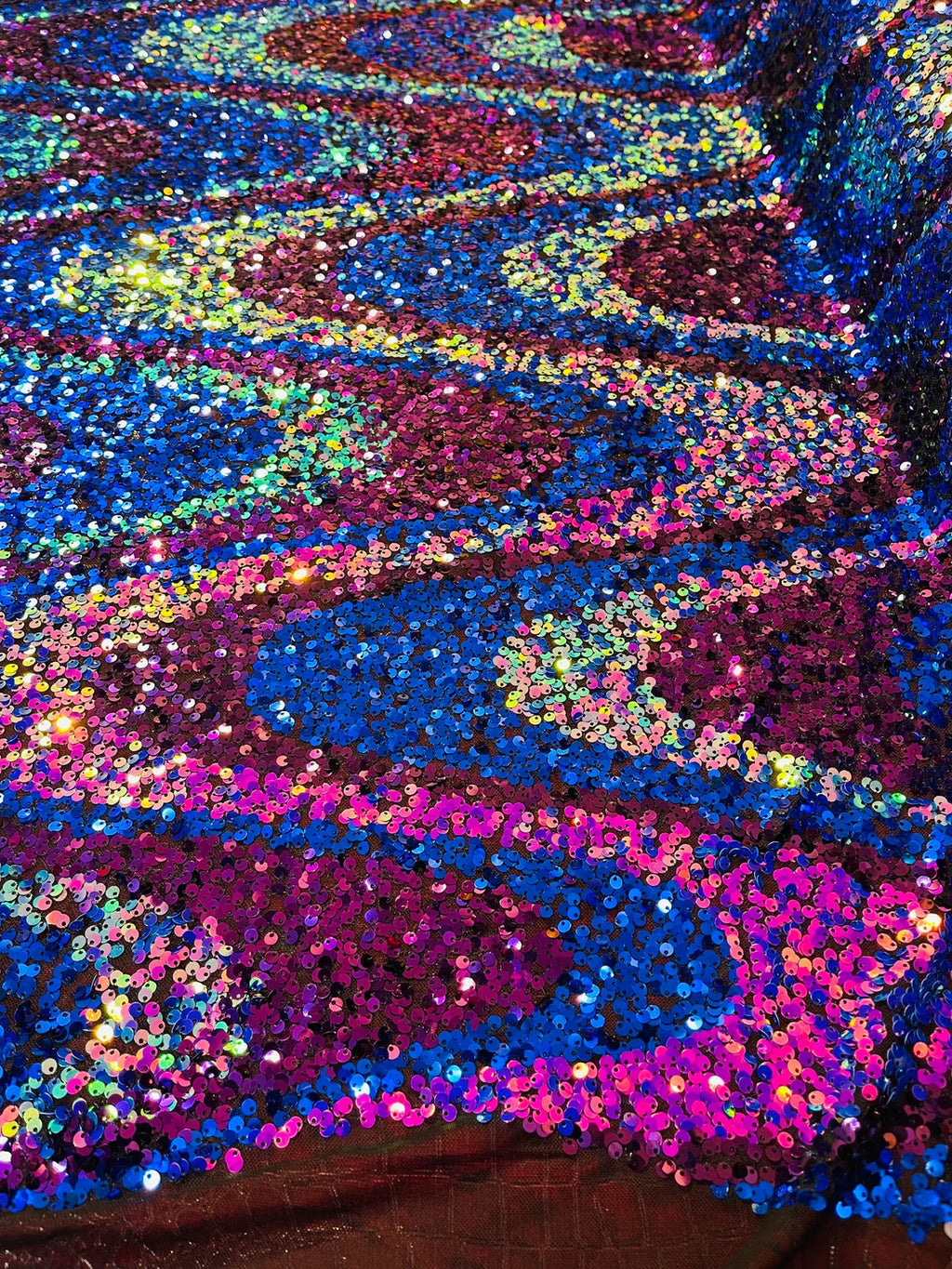 Multi-Color Wavy Sequins - Multi-Color Magenta/Blue/Purple/Aqua - Sequins Design on Black Mesh Fabric Sold By Yard