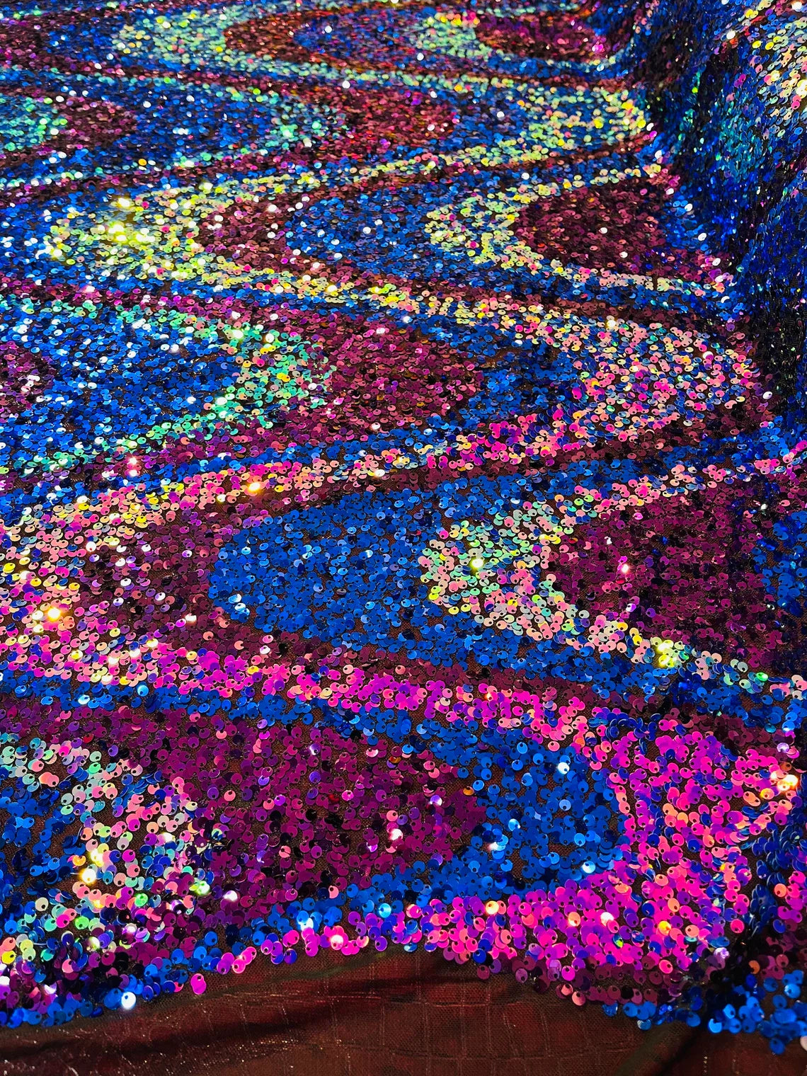 Multi-Color Wavy Sequins - Multi-Color Magenta/Blue/Purple/Aqua - Sequins Design on Black Mesh Fabric Sold By Yard
