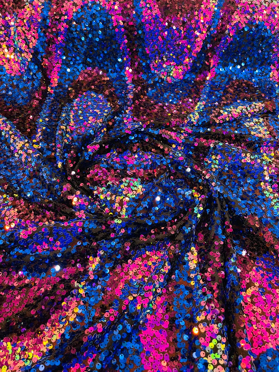 Multi-Color Wavy Sequins - Multi-Color Magenta/Blue/Purple/Aqua - Sequins Design on Black Mesh Fabric Sold By Yard