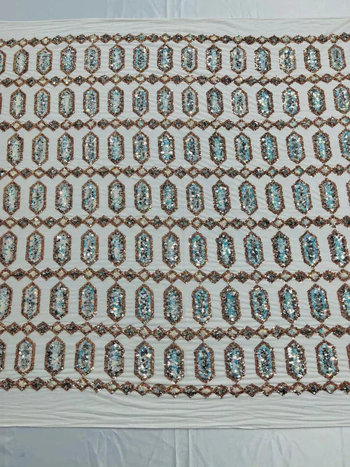 Fancy Gem Jewel Fabric - Multi-Color Gold - Geometric Stretch Sequins Design on Mesh By Yard