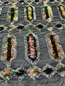 Fancy Gem Jewel Fabric - Multi-Color Iridescent on Black - Geometric Stretch Sequins Design on Mesh By Yard