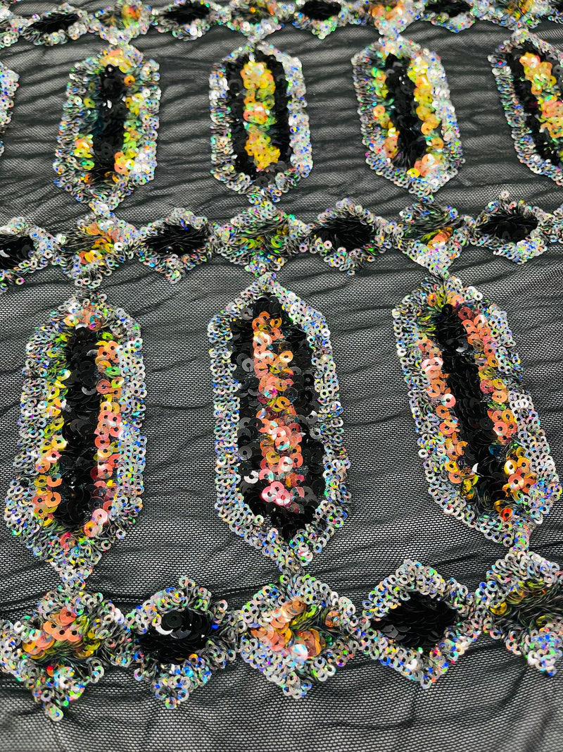Fancy Gem Jewel Fabric - Multi-Color Iridescent on Black - Geometric Stretch Sequins Design on Mesh By Yard