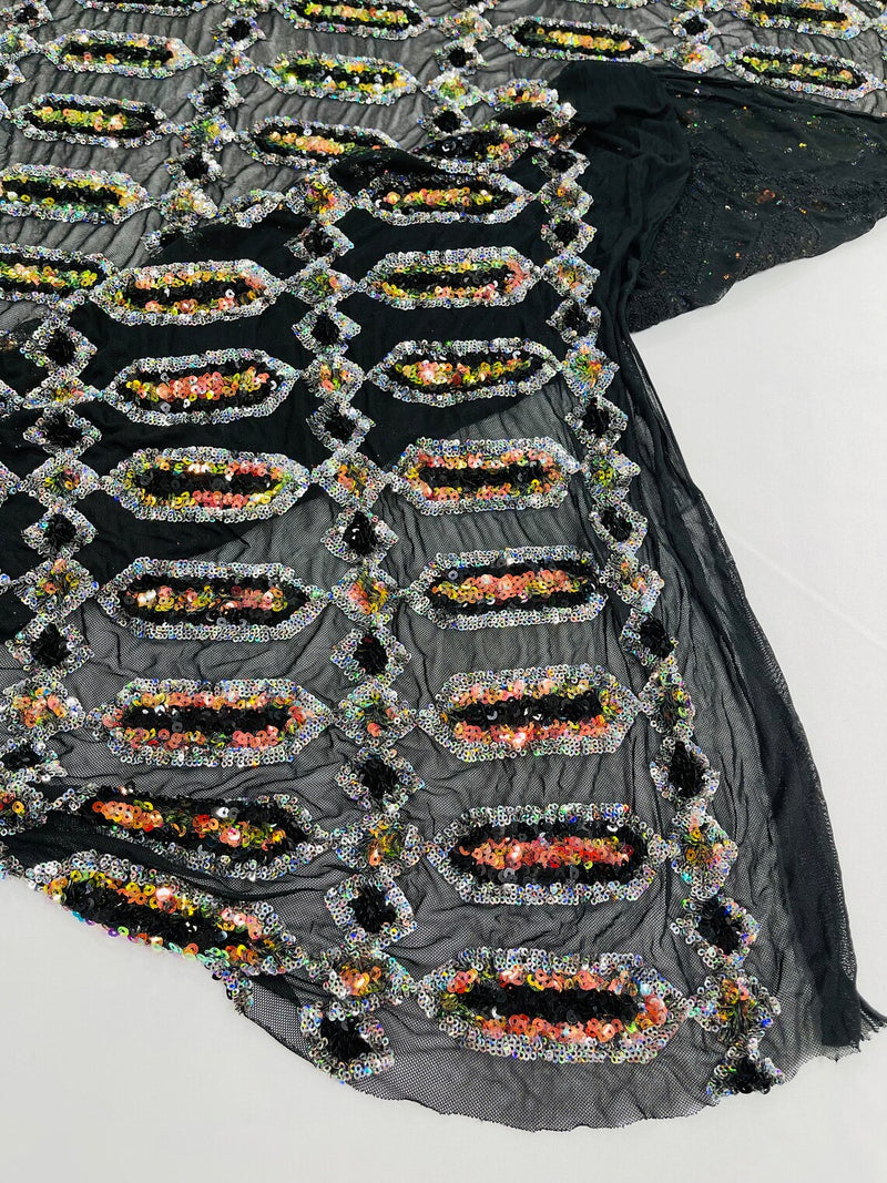 Fancy Gem Jewel Fabric - Multi-Color Iridescent on Black - Geometric Stretch Sequins Design on Mesh By Yard