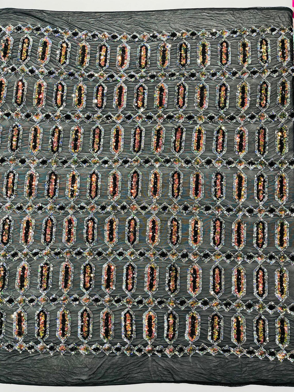 Fancy Gem Jewel Fabric - Multi-Color Iridescent on Black - Geometric Stretch Sequins Design on Mesh By Yard