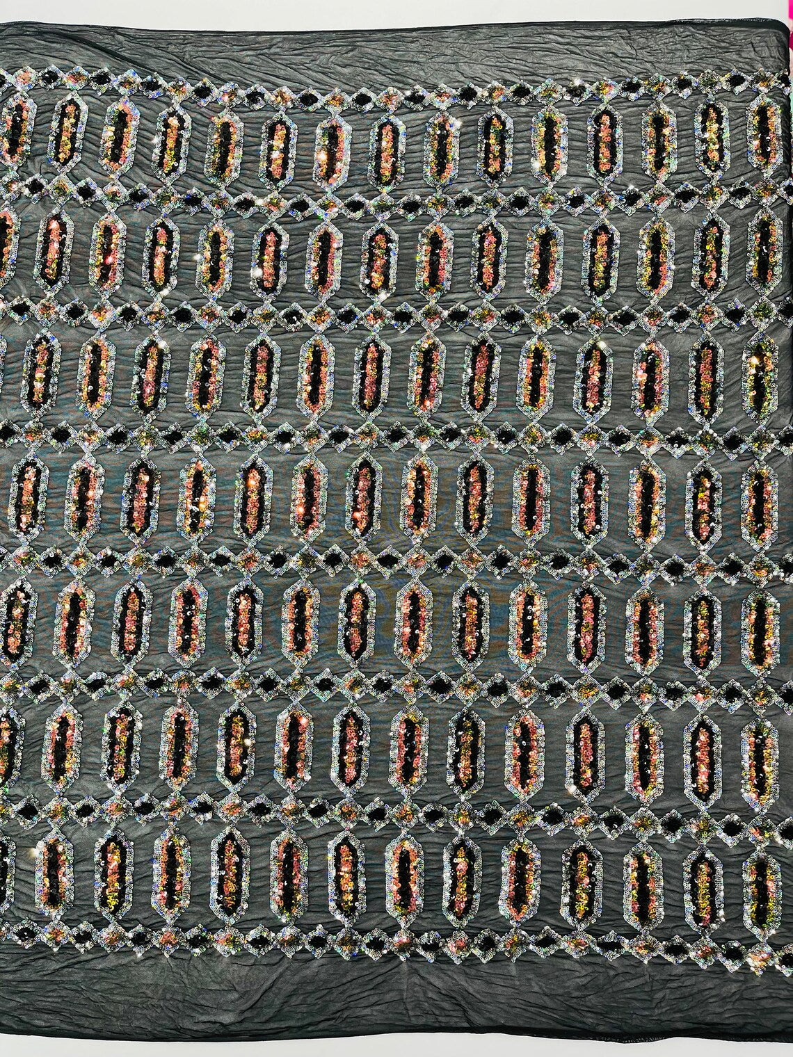 Fancy Gem Jewel Fabric - Multi-Color Iridescent on Black - Geometric Stretch Sequins Design on Mesh By Yard