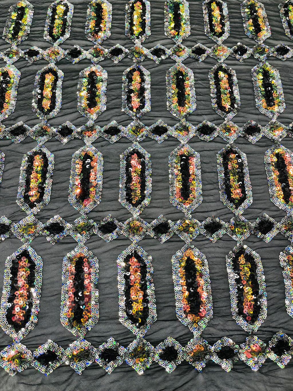 Fancy Gem Jewel Fabric - Multi-Color Iridescent on Black - Geometric Stretch Sequins Design on Mesh By Yard
