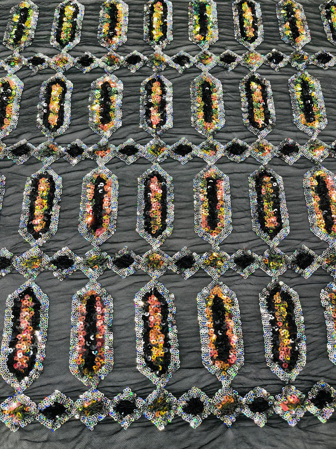 Fancy Gem Jewel Fabric - Multi-Color Iridescent on Black - Geometric Stretch Sequins Design on Mesh By Yard