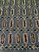 Fancy Gem Jewel Fabric - Multi-Color Iridescent on Black - Geometric Stretch Sequins Design on Mesh By Yard
