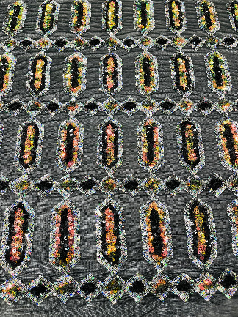 Fancy Gem Jewel Fabric - Multi-Color Iridescent on Black - Geometric Stretch Sequins Design on Mesh By Yard