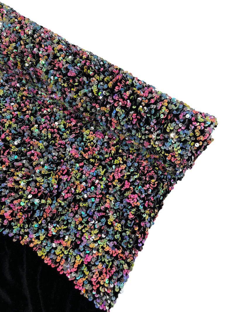Stretch Velvet Sequins Fabric - Multi-Color on Black - Velvet Sequins 2 Way Stretch 58/60” By Yard
