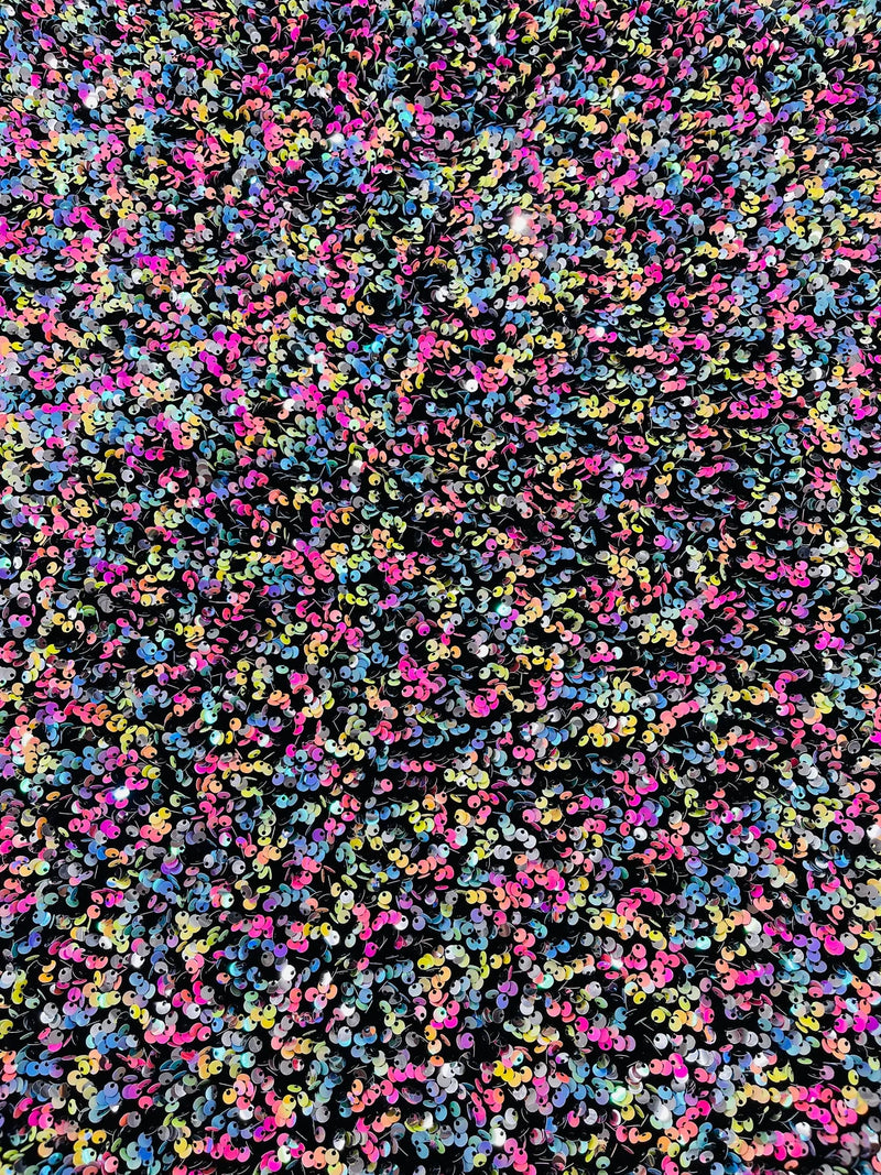 Stretch Velvet Sequins Fabric - Multi-Color on Black - Velvet Sequins 2 Way Stretch 58/60” By Yard
