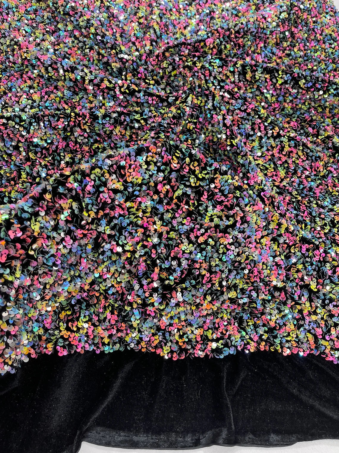 Stretch Velvet Sequins Fabric - Multi-Color on Black - Velvet Sequins 2 Way Stretch 58/60” By Yard