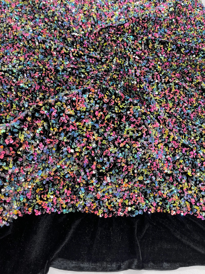 Stretch Velvet Sequins Fabric - Multi-Color on Black - Velvet Sequins 2 Way Stretch 58/60” By Yard