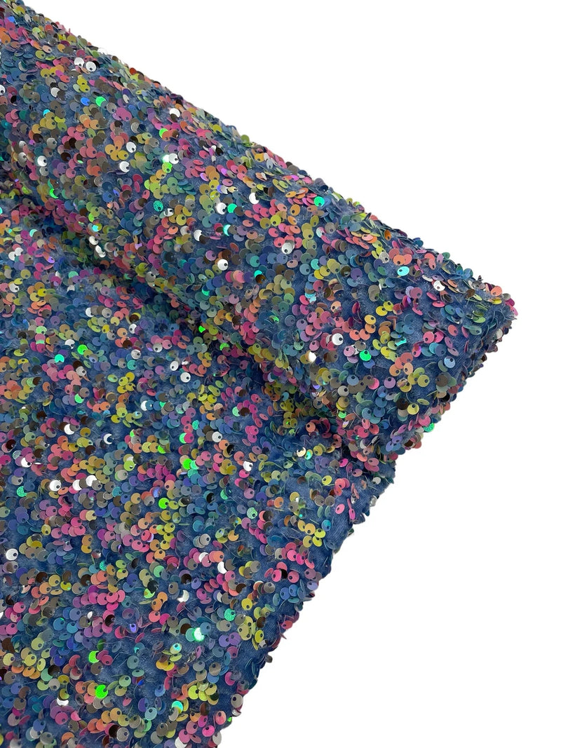 Stretch Velvet Sequins Fabric - Multi-Color on Blue - Velvet Sequins 2 Way Stretch 58/60” By Yard