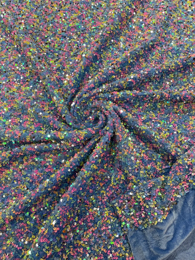 Stretch Velvet Sequins Fabric - Multi-Color on Blue - Velvet Sequins 2 Way Stretch 58/60” By Yard