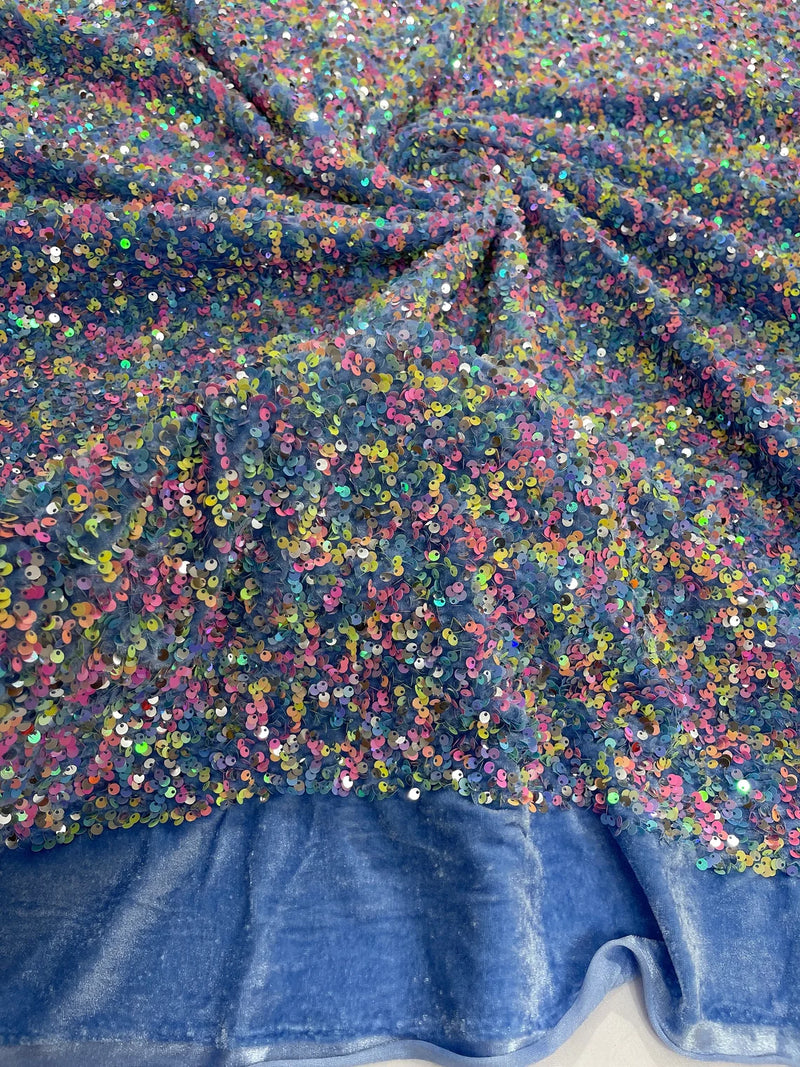 Stretch Velvet Sequins Fabric - Multi-Color on Blue - Velvet Sequins 2 Way Stretch 58/60” By Yard
