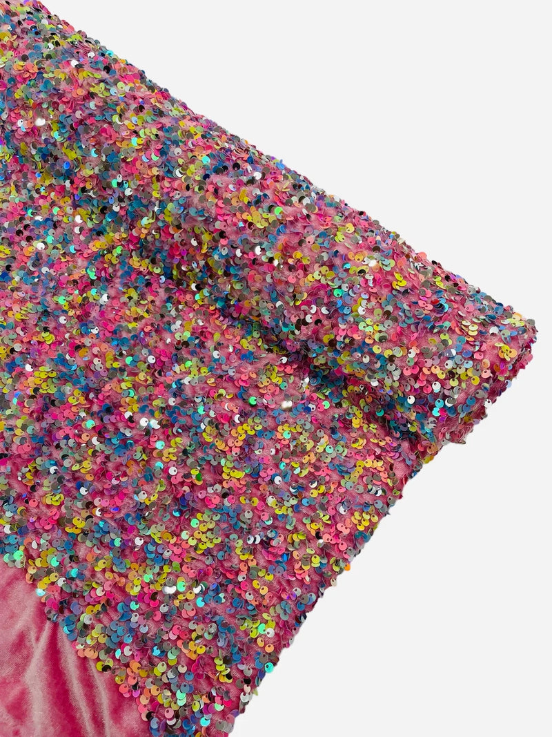 Stretch Velvet Sequins Fabric - Multi-Color on Pink - Velvet Sequins 2 Way Stretch 58/60” By Yard