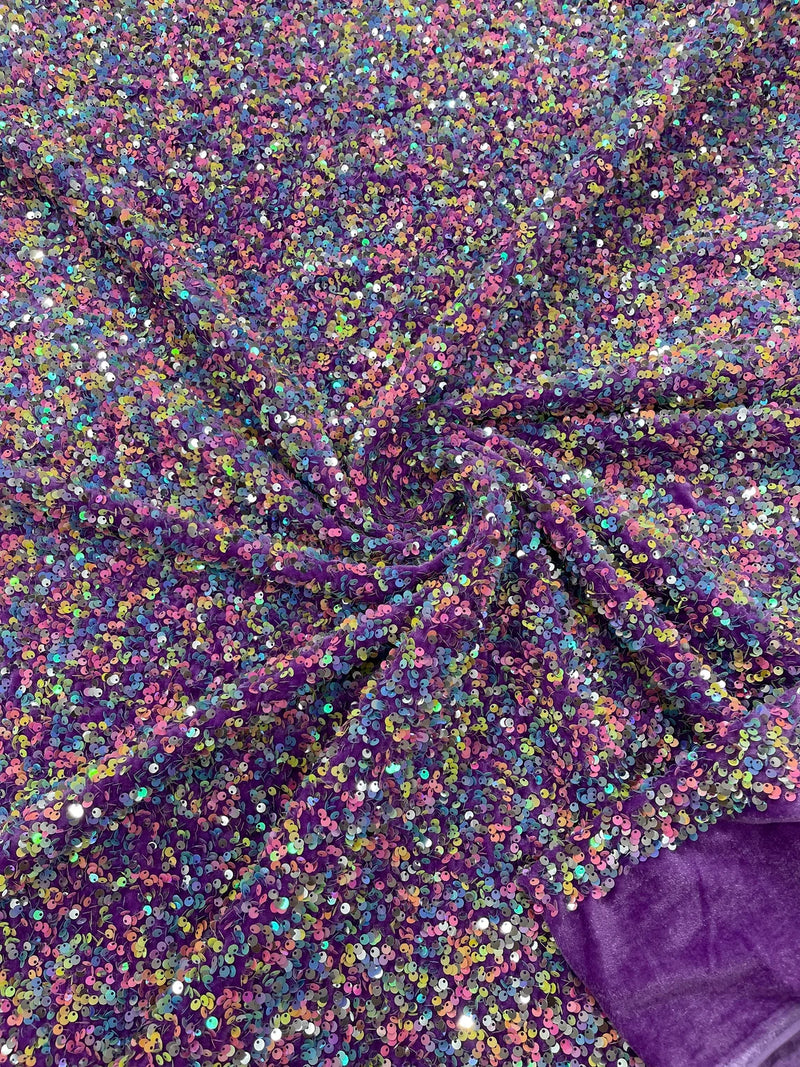 Stretch Velvet Sequins Fabric - Multi-Color on Purple - Velvet Sequins 2 Way Stretch 58/60” By Yard