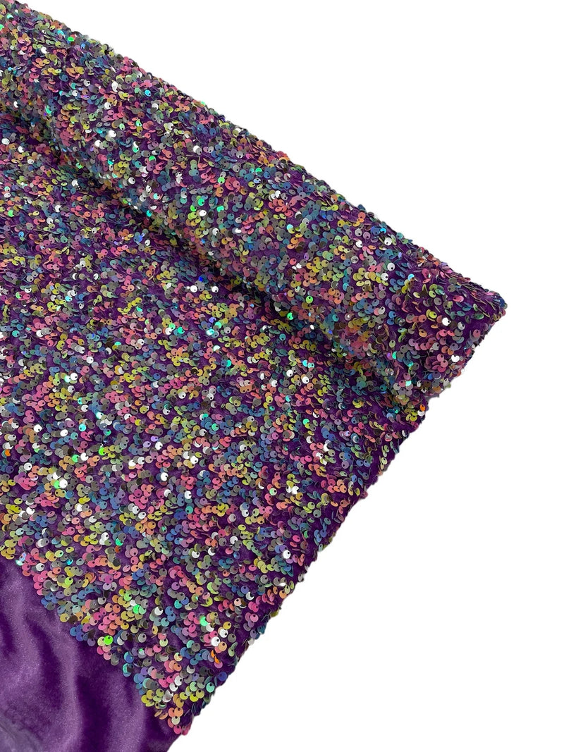 Stretch Velvet Sequins Fabric - Multi-Color on Purple - Velvet Sequins 2 Way Stretch 58/60” By Yard