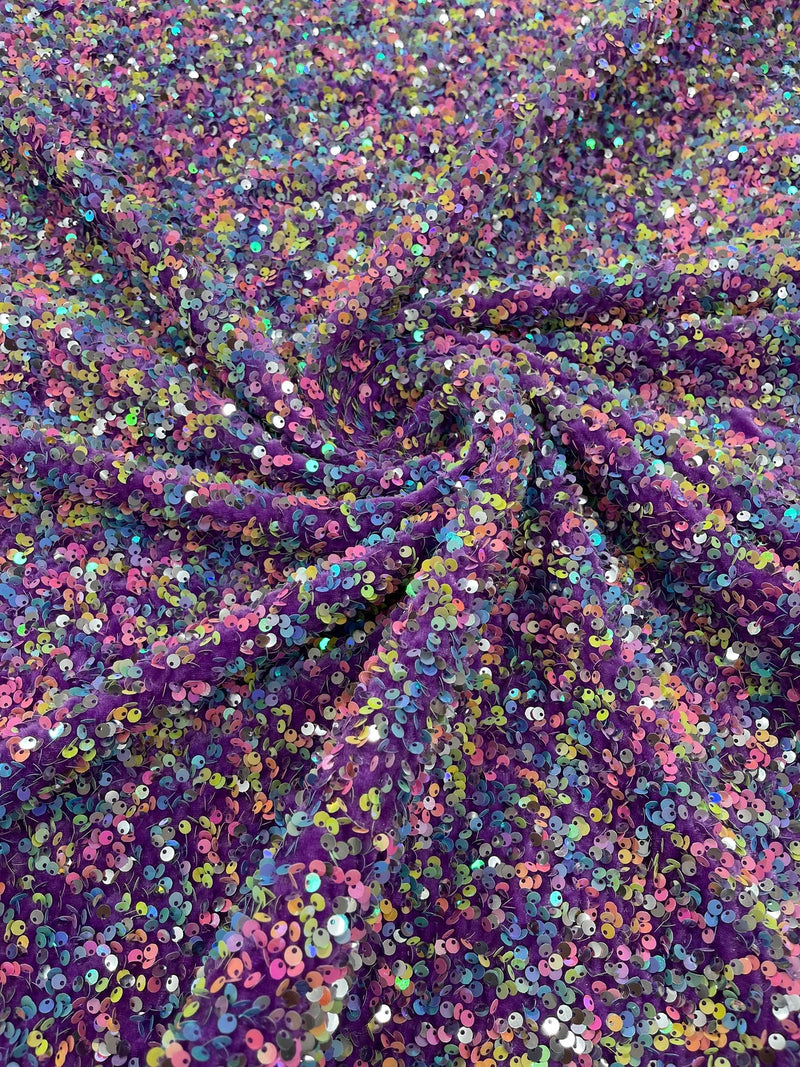 Stretch Velvet Sequins Fabric - Multi-Color on Purple - Velvet Sequins 2 Way Stretch 58/60” By Yard