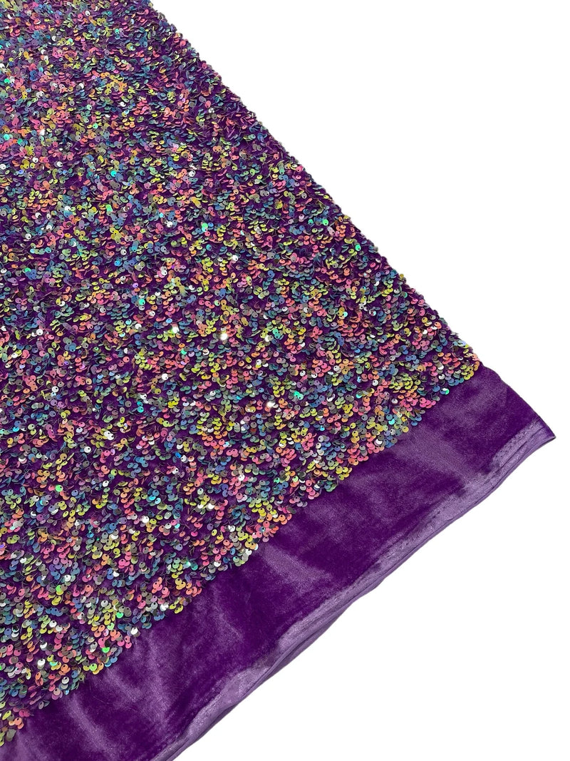 Stretch Velvet Sequins Fabric - Multi-Color on Purple - Velvet Sequins 2 Way Stretch 58/60” By Yard