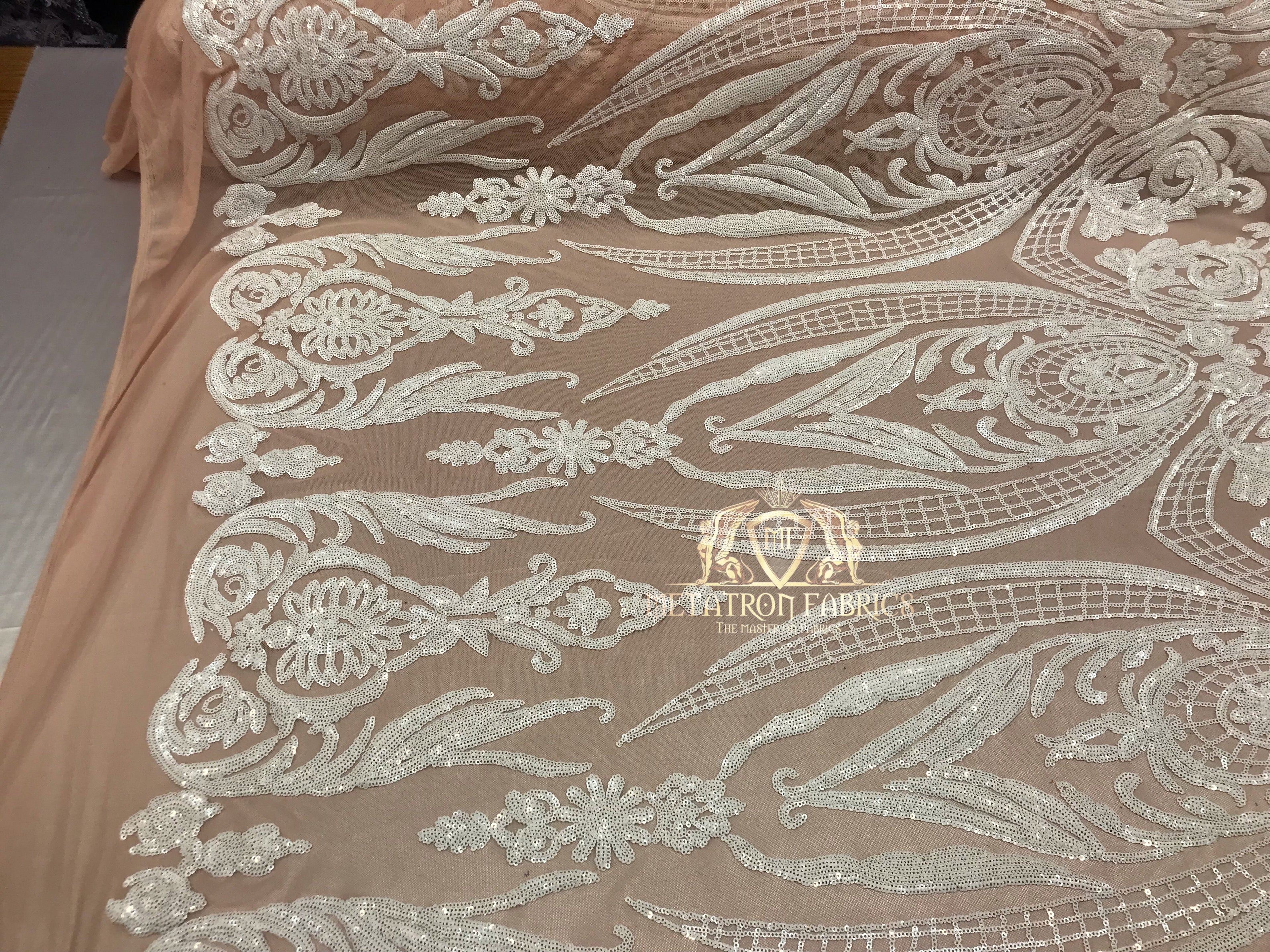 Big Damask Sequins Fabric - White on Nude - 4 Way Stretch Damask Sequins Design Fabric By Yard