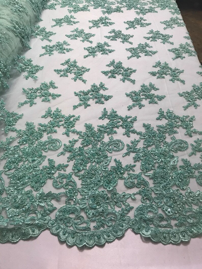 Mint Beaded Bridal Lace, Sold By The Yard Embroidered Floral Wedding Beaded Fabric with Sequin