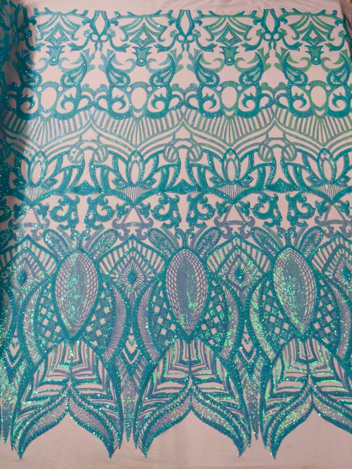 Mint Iridescent - 4 Way Stretch Embroidered Royalty Sequins Design Fabric By Yard