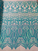 Mint Iridescent - 4 Way Stretch Embroidered Royalty Sequins Design Fabric By Yard