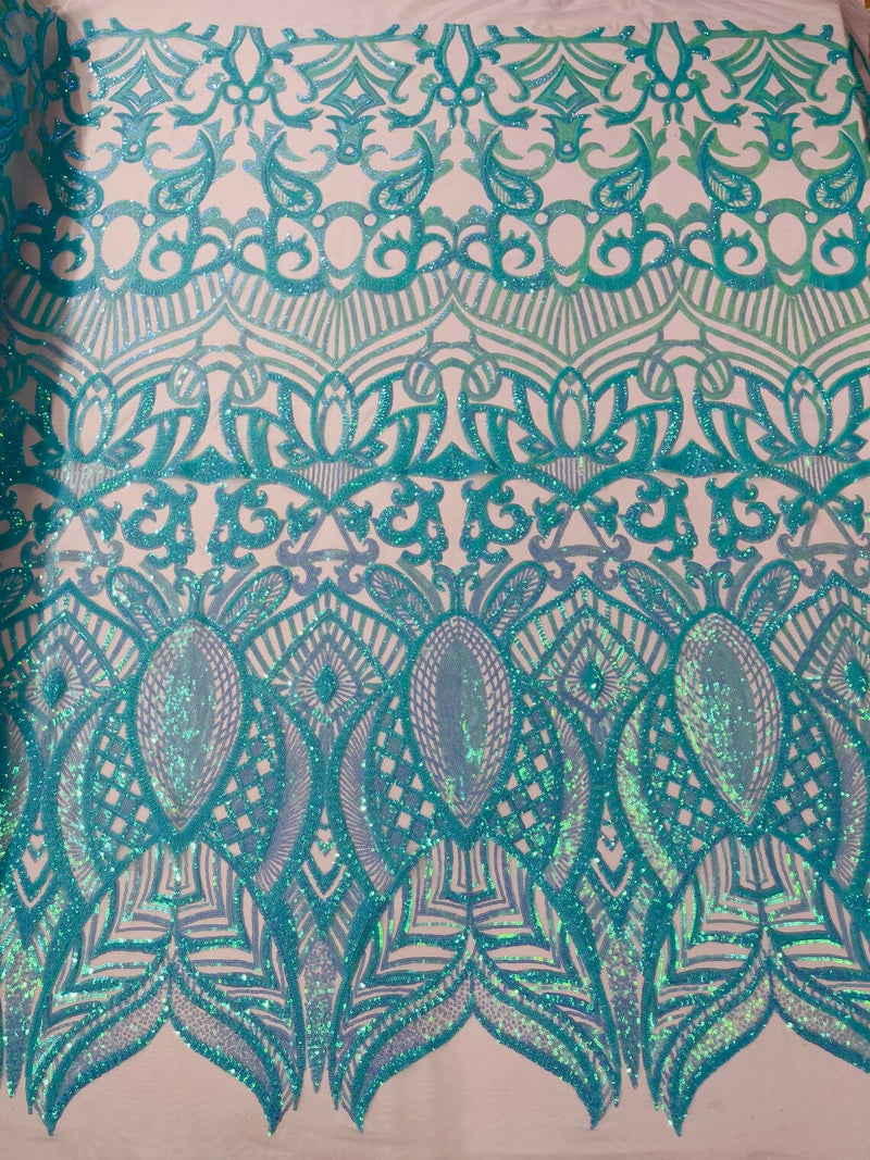 Mint Iridescent - 4 Way Stretch Embroidered Royalty Sequins Design Fabric By Yard