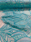 Mint Iridescent - 4 Way Stretch Embroidered Royalty Sequins Design Fabric By Yard
