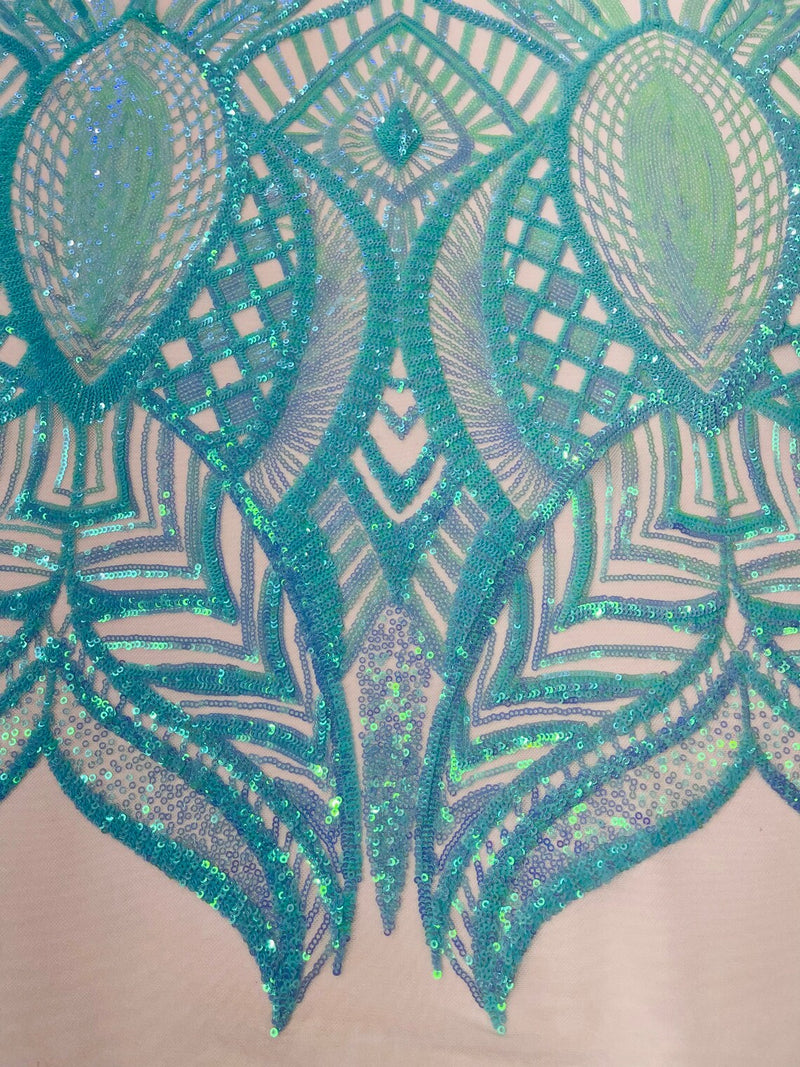 Mint Iridescent - 4 Way Stretch Embroidered Royalty Sequins Design Fabric By Yard