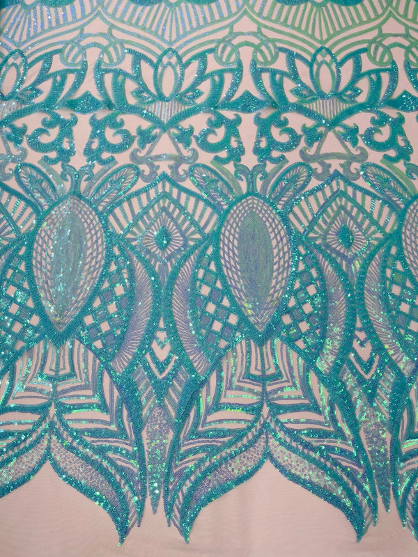 Mint Iridescent - 4 Way Stretch Embroidered Royalty Sequins Design Fabric By Yard