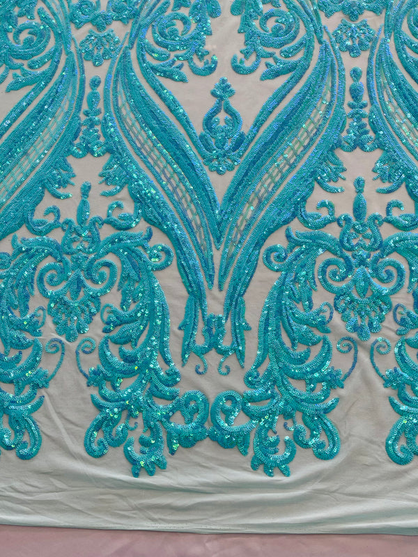 Big Damask Sequins Fabric - Mint Iridescent - 4 Way Stretch Damask Sequins Design Fabric By Yard