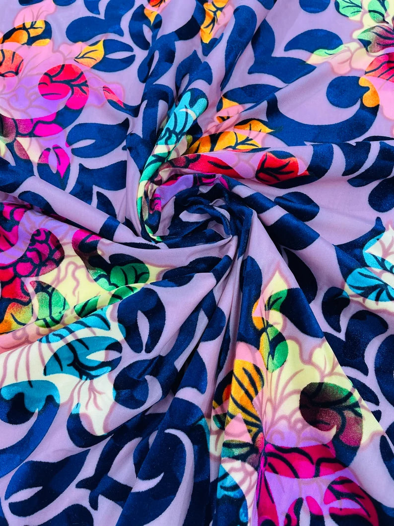 Burnout Floral Velvet Fabric - Navy Blue / Lilac - MultiColor Floral Print Velvet Fabric By Yard